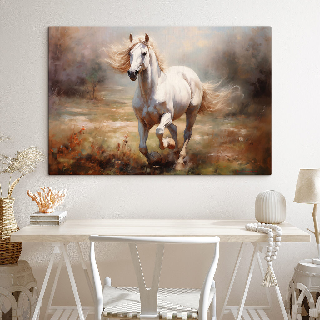 White horse running in a field White horse running in a field