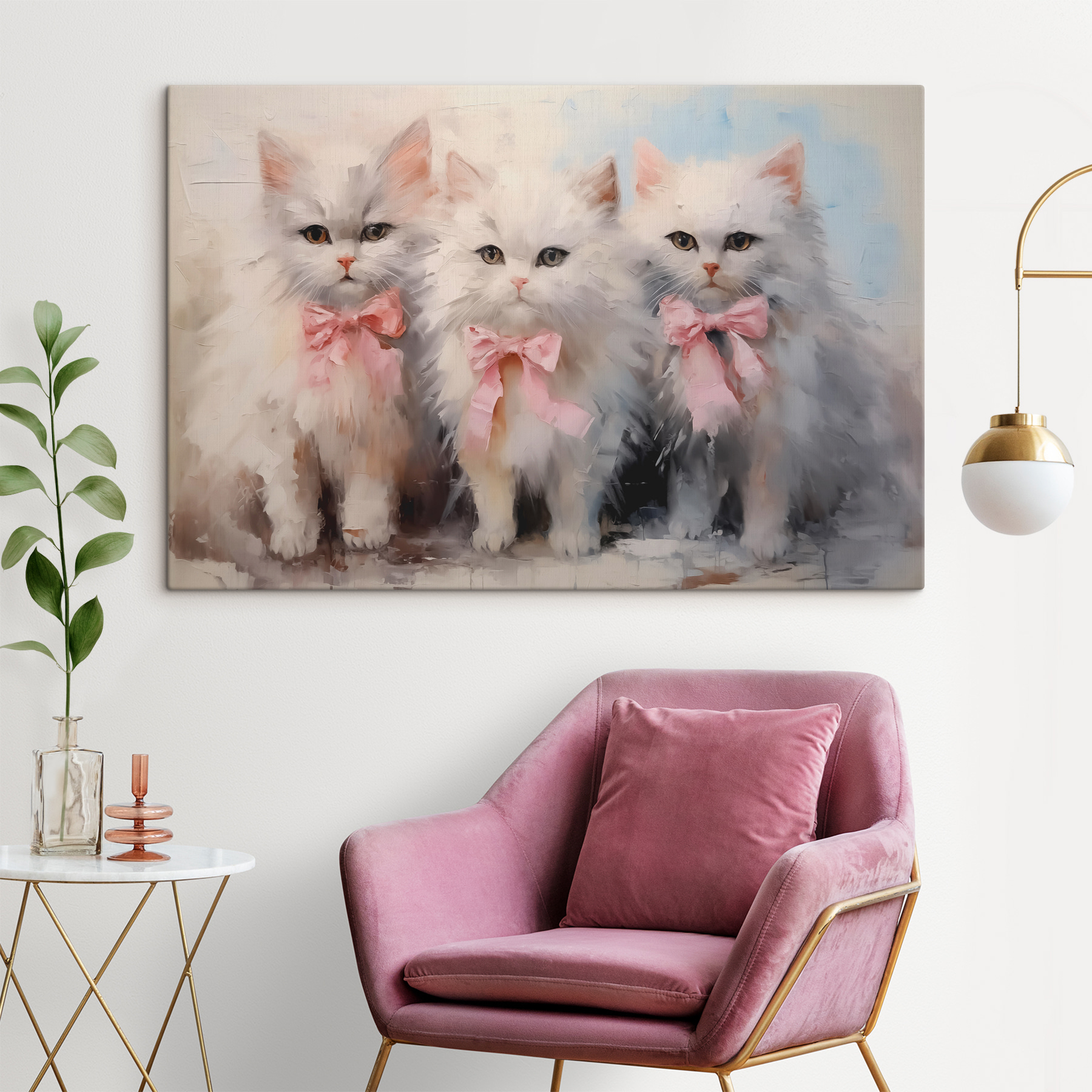 Group of white cats with pink bows Group of white cats with pink bows