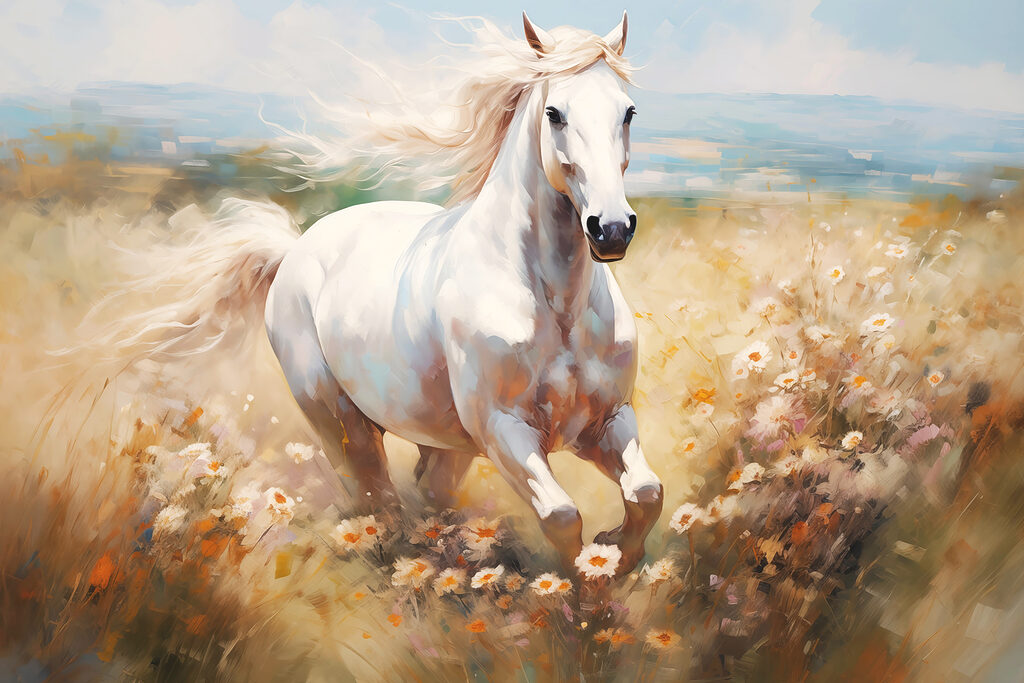 Caballo blanco corriendo por un campo de flores Caballo blanco corriendo por un campo de flores