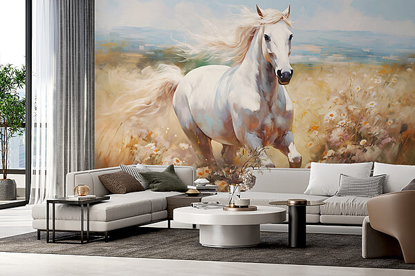 Caballo blanco corriendo por un campo de flores Caballo blanco corriendo por un campo de flores