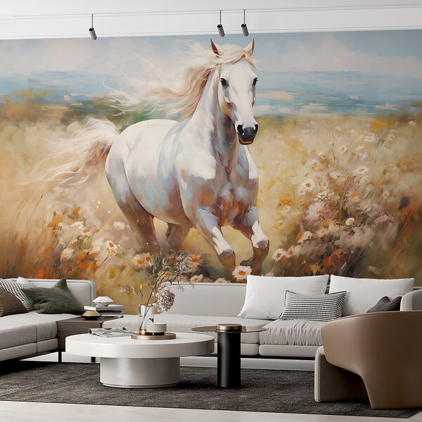 Caballo blanco corriendo por un campo de flores Caballo blanco corriendo por un campo de flores