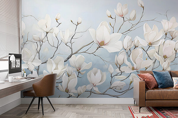 Fotomurales Fotomurales Pintura de flores blancas sobre una rama (SKU: w08125)