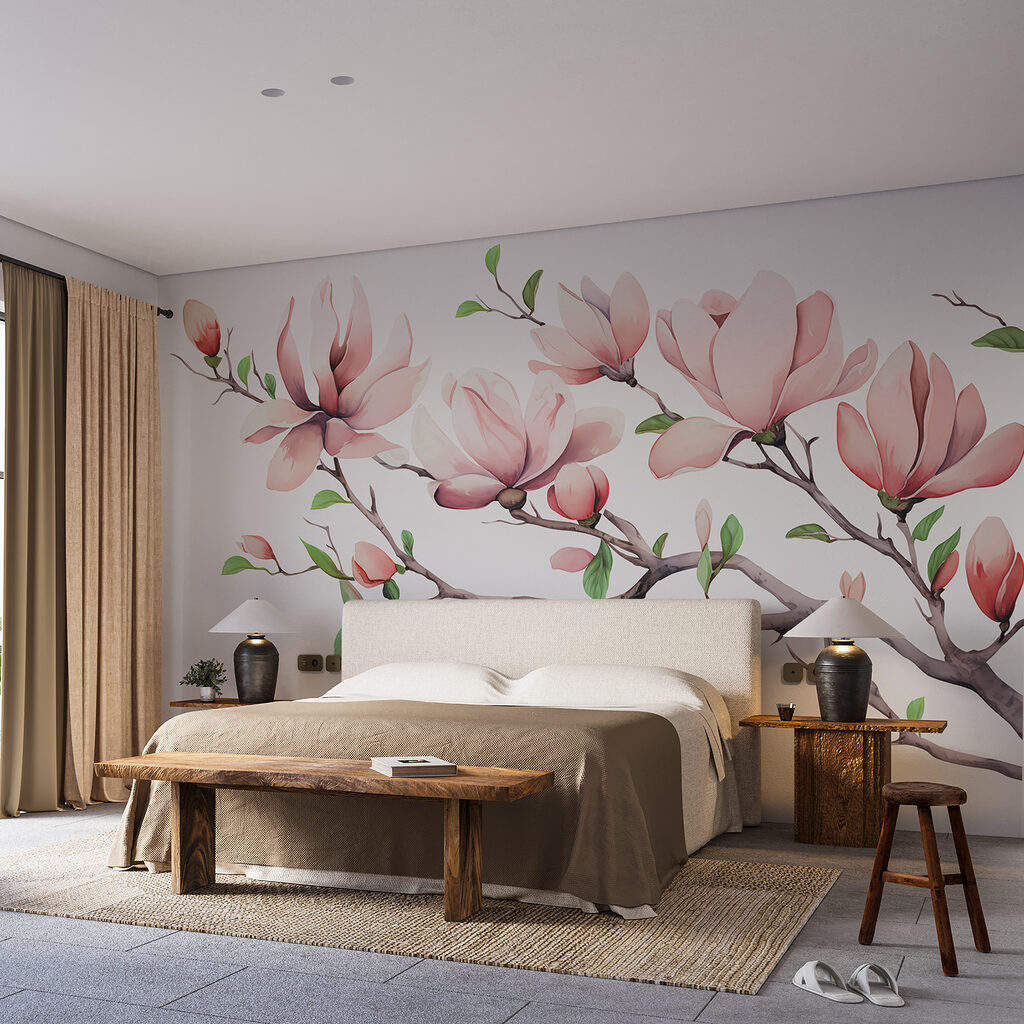 Branch with pink flowers and leaves