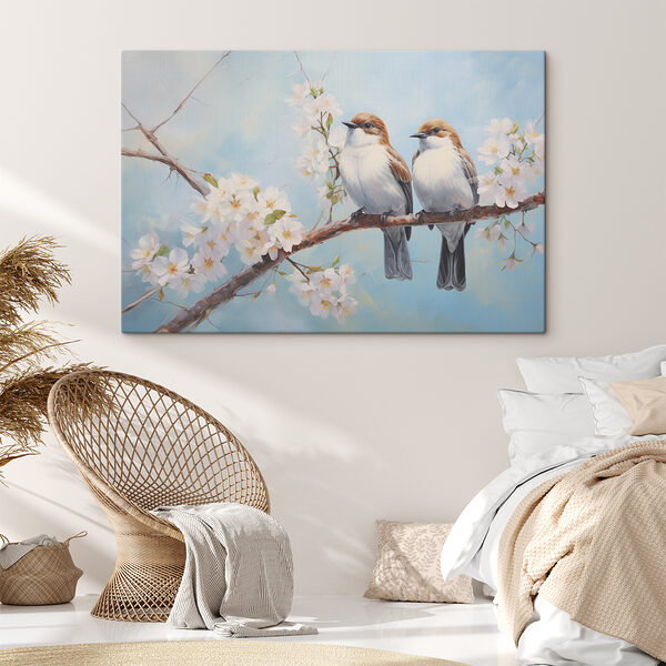Cuadros Dos pájaros en una rama con flores blancas (SKU: s39829) Cuadros Cuadros Dos pájaros en una rama con flores blancas (SKU: s39829)