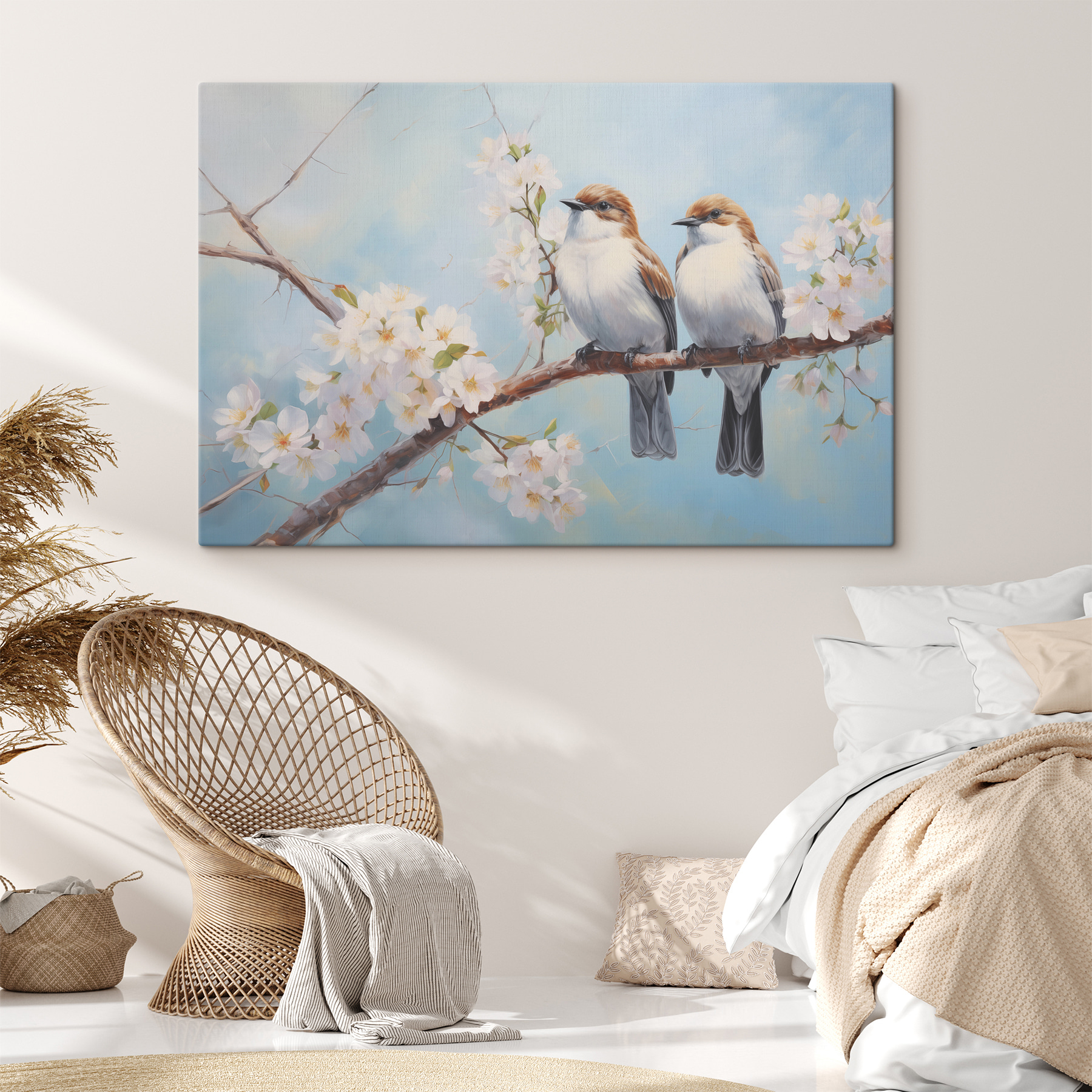 Two birds on a branch with white flowers Two birds on a branch with white flowers