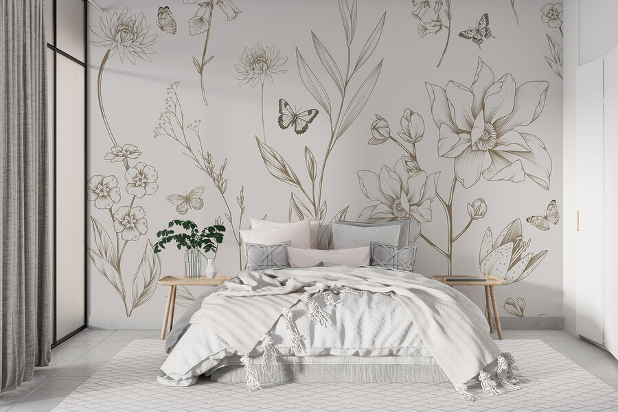 Papel pintado con flores y mariposas Papel pintado con flores y mariposas