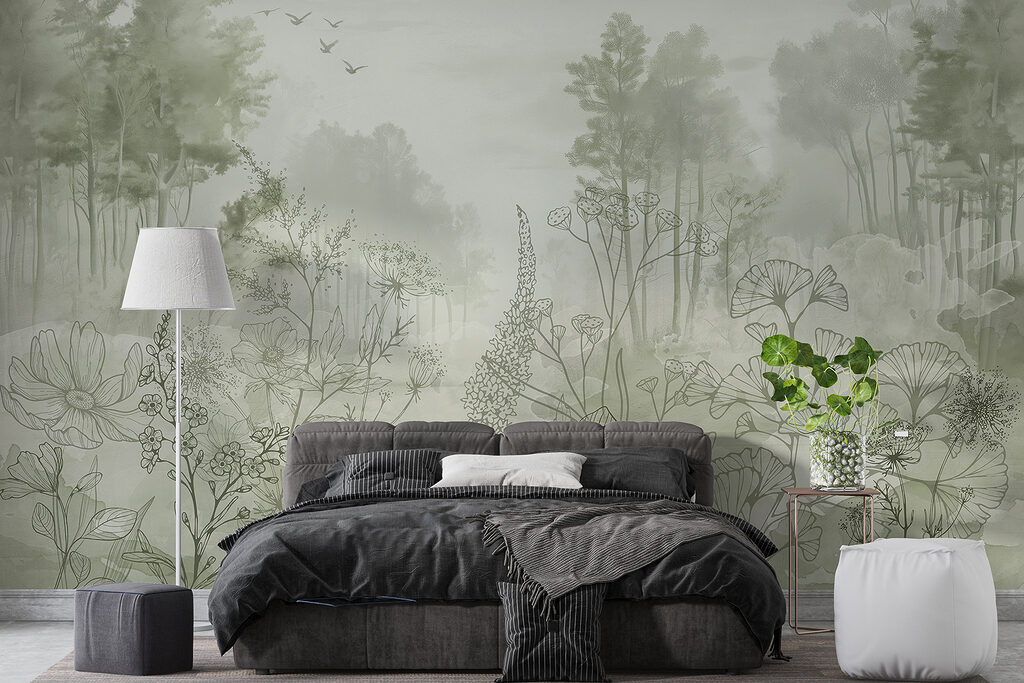 Foggy forest with trees and birds