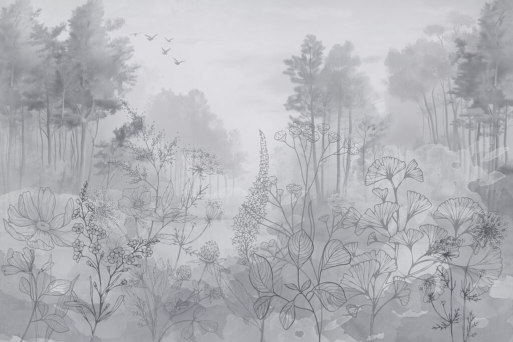 Imagen en escala de grises de un bosque con pájaros volando Imagen en escala de grises de un bosque con pájaros volando