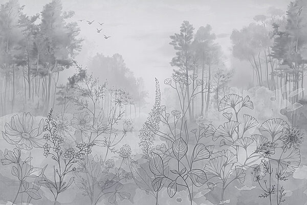 Imagen en escala de grises de un bosque con pájaros volando Imagen en escala de grises de un bosque con pájaros volando