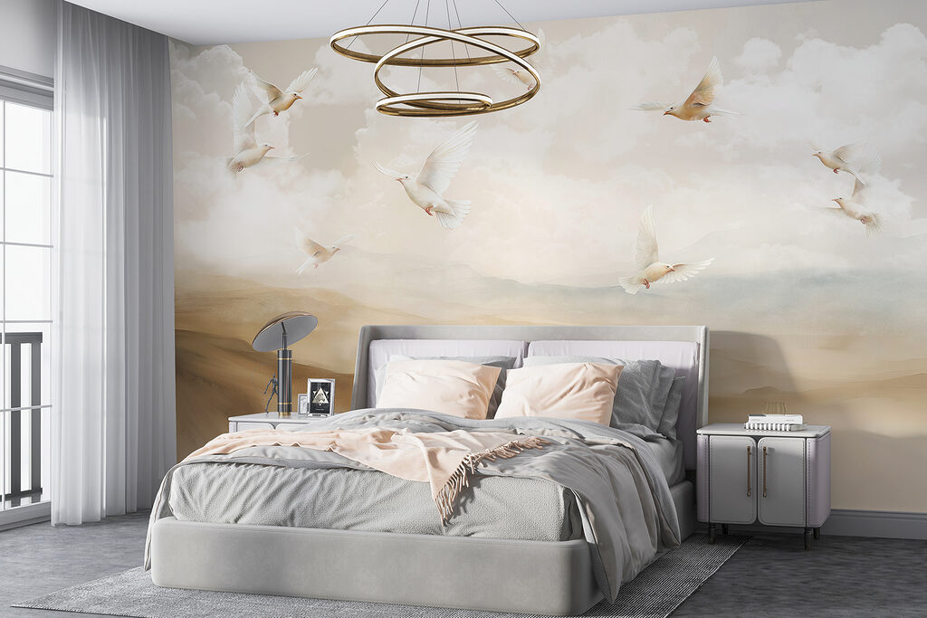 Group of white birds flying in the sky