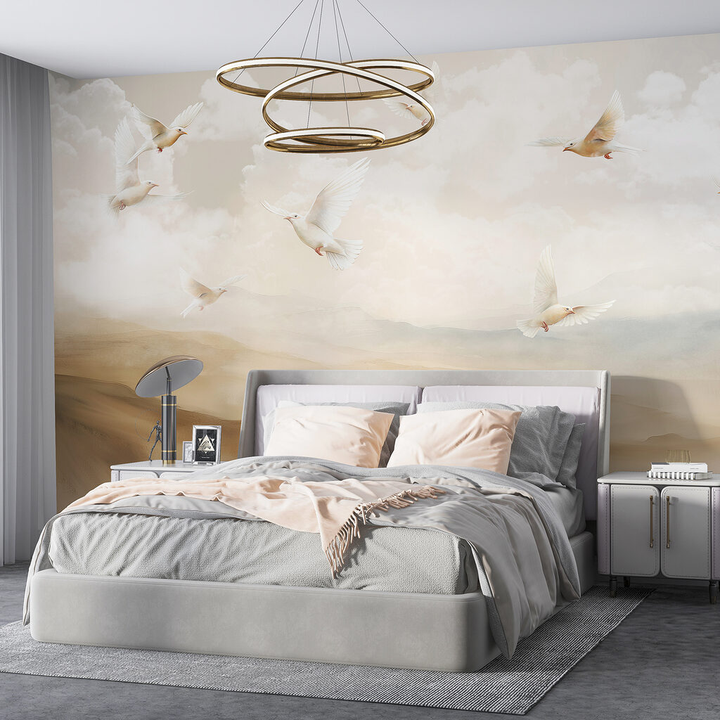 Group of white birds flying in the sky