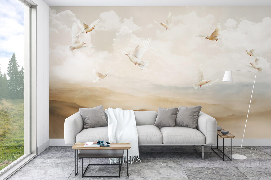 Group of white birds flying in the sky