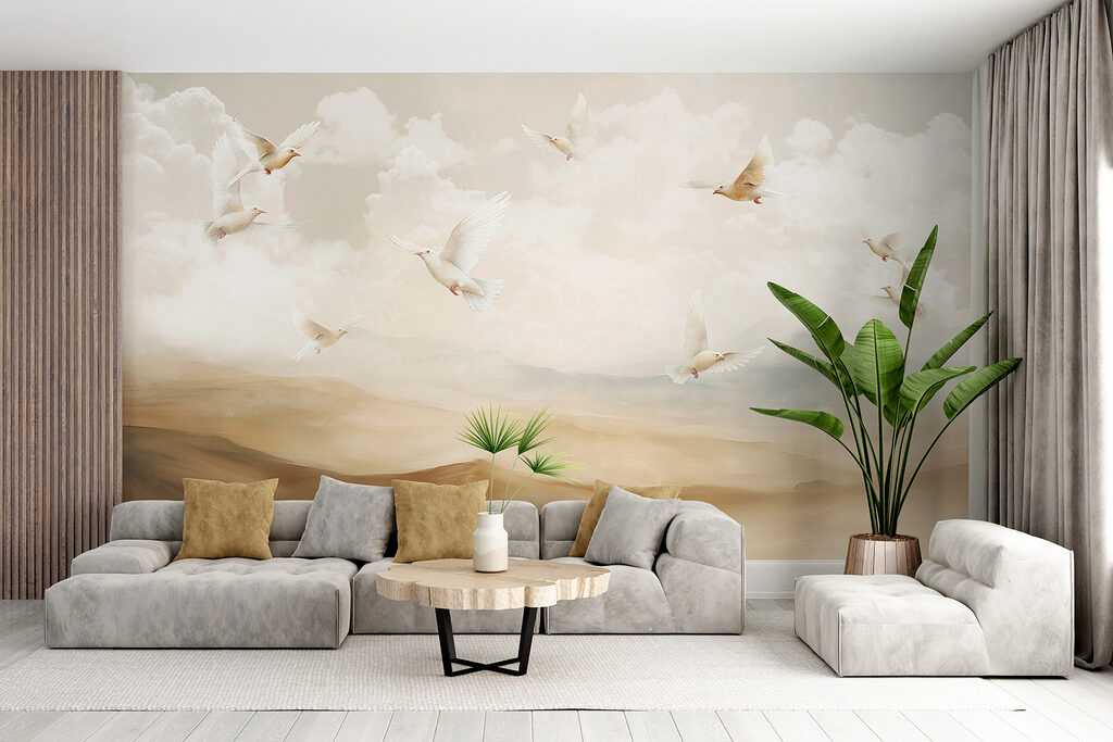 Group of white birds flying in the sky