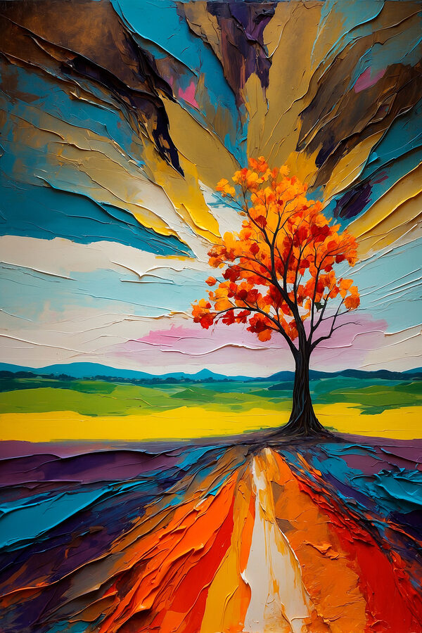 Tree with orange leaves and a colorful landscape Tree with orange leaves and a colorful landscape