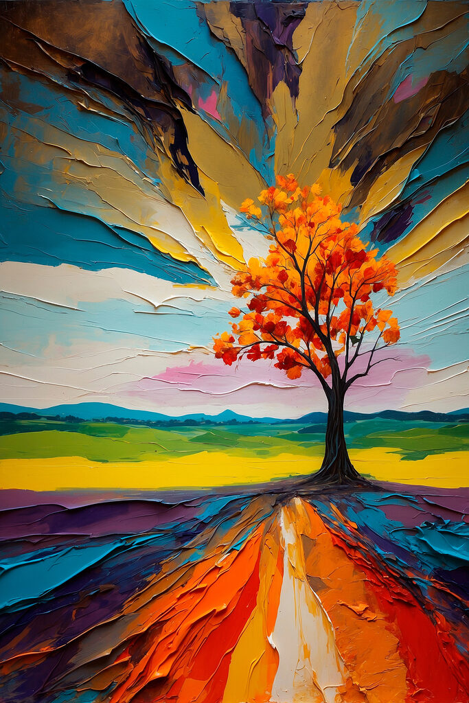 Tree with orange leaves and a colorful landscape Tree with orange leaves and a colorful landscape