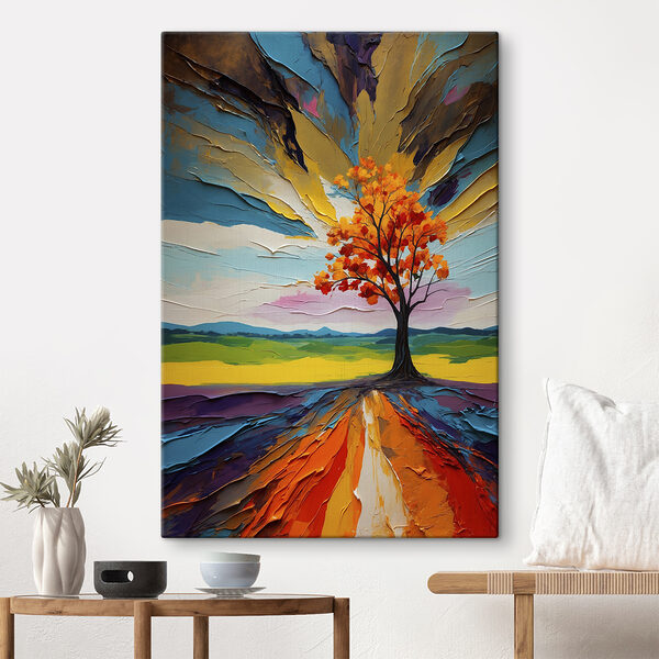 Tree with orange leaves and a colorful landscape Tree with orange leaves and a colorful landscape
