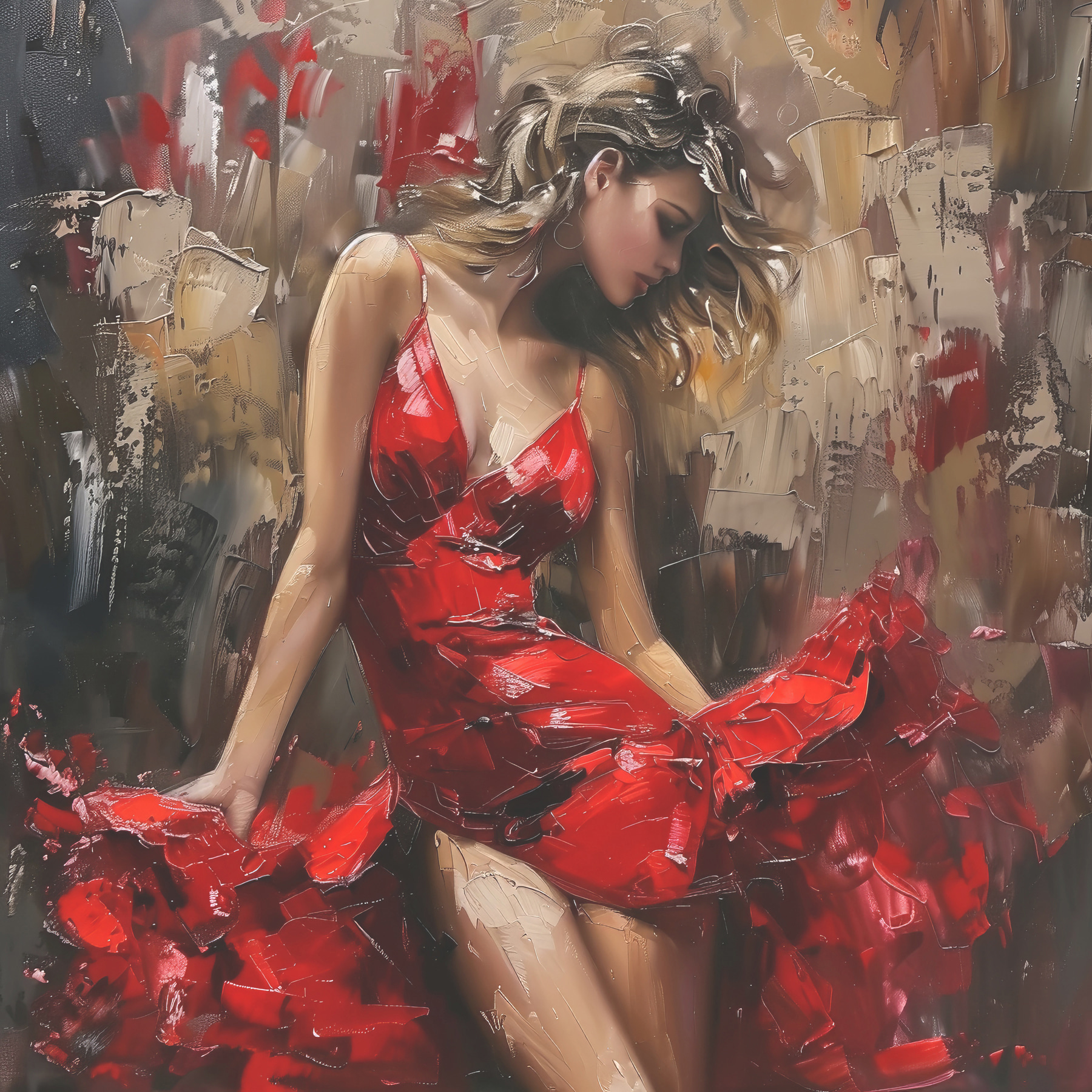Painting of a woman in a red dress