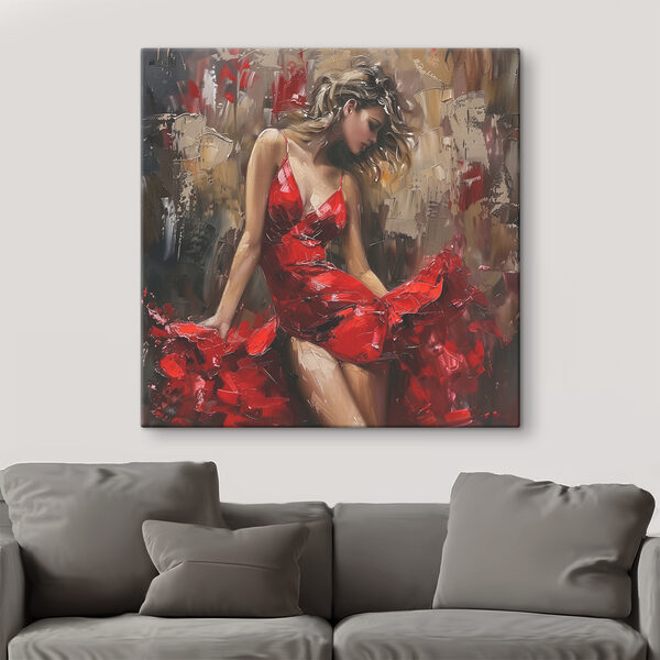 Painting of a woman in a red dress