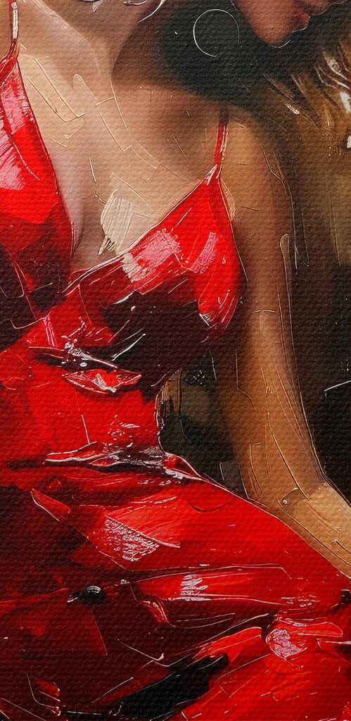 Painting of a woman in a red dress