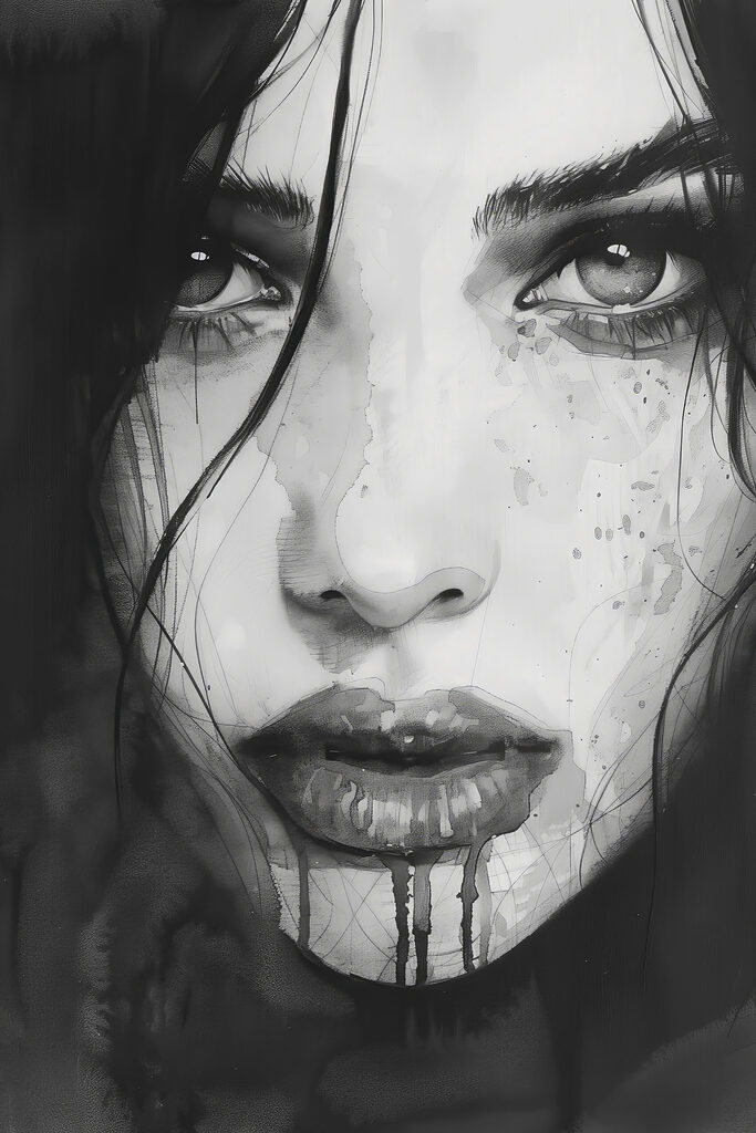 Woman with dark hair and a bloody face Woman with dark hair and a bloody face