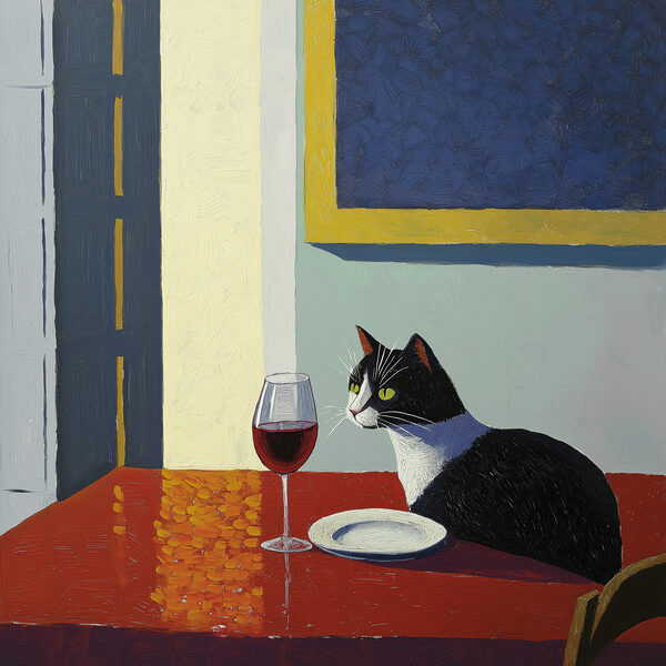 Cat sitting at a table with a plate and a plate