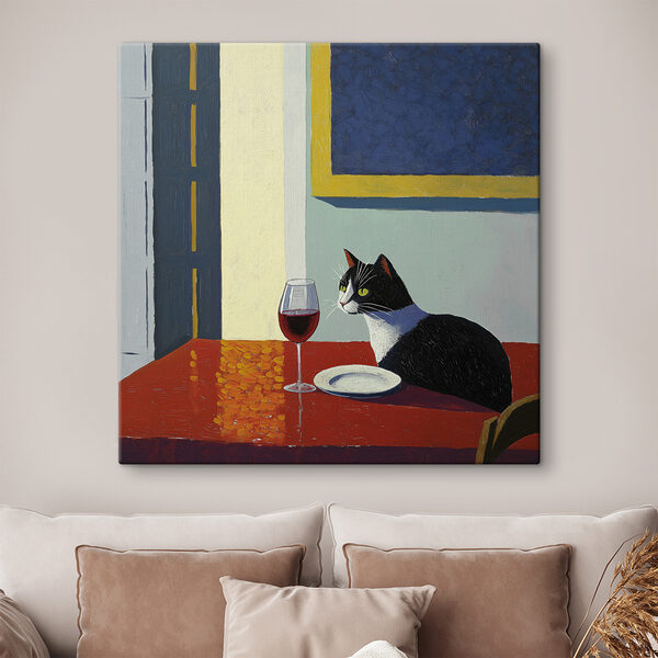 Cuadros Cuadros Un gato sentado a la mesa con un plato y otro plato (SKU: s39913)
