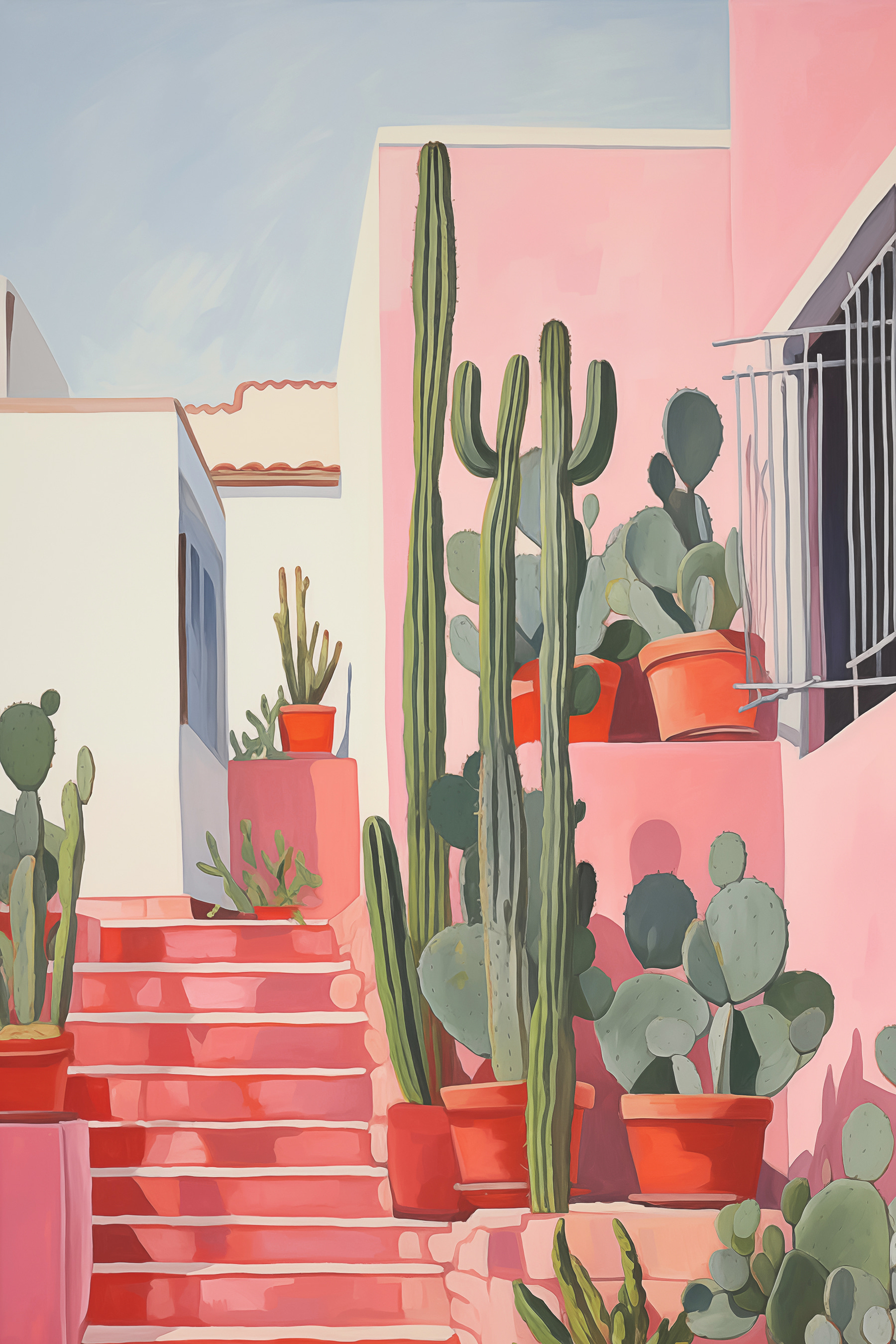 Painting of a pink house with cactuses Painting of a pink house with cactuses