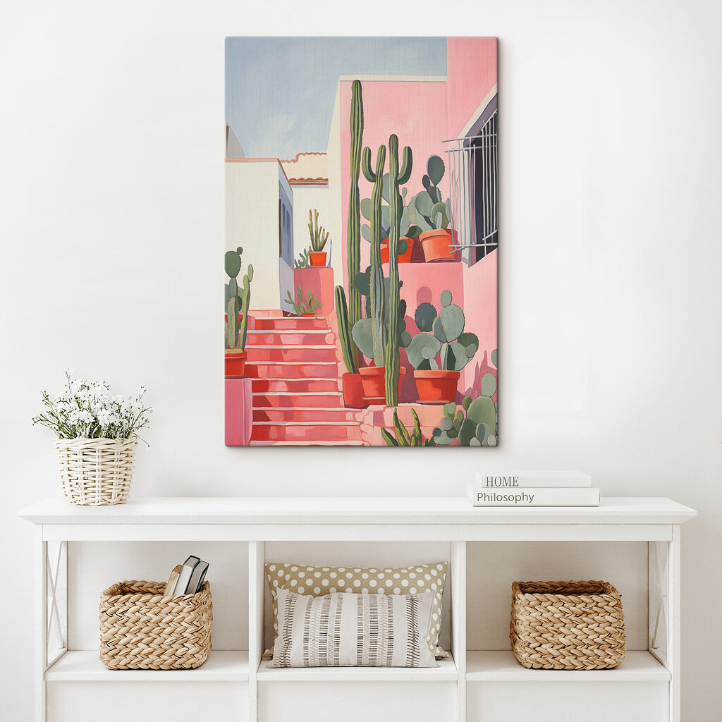 Painting of a pink house with cactuses Painting of a pink house with cactuses