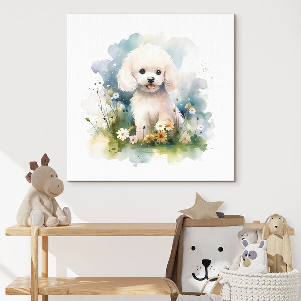 Cuadros Un perro blanco sentado en un campo de flores (SKU: s39928) Cuadros Cuadros Un perro blanco sentado en un campo de flores (SKU: s39928)