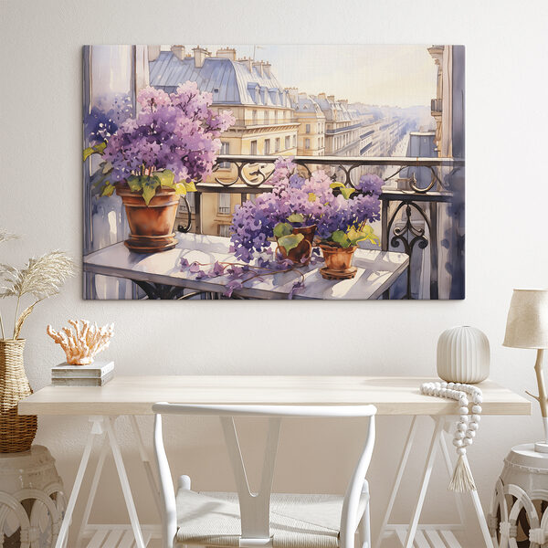 Cuadros Acuarela de un balcón con flores moradas