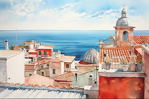 Watercolor of a city with a large body of water Watercolor of a city with a large body of water