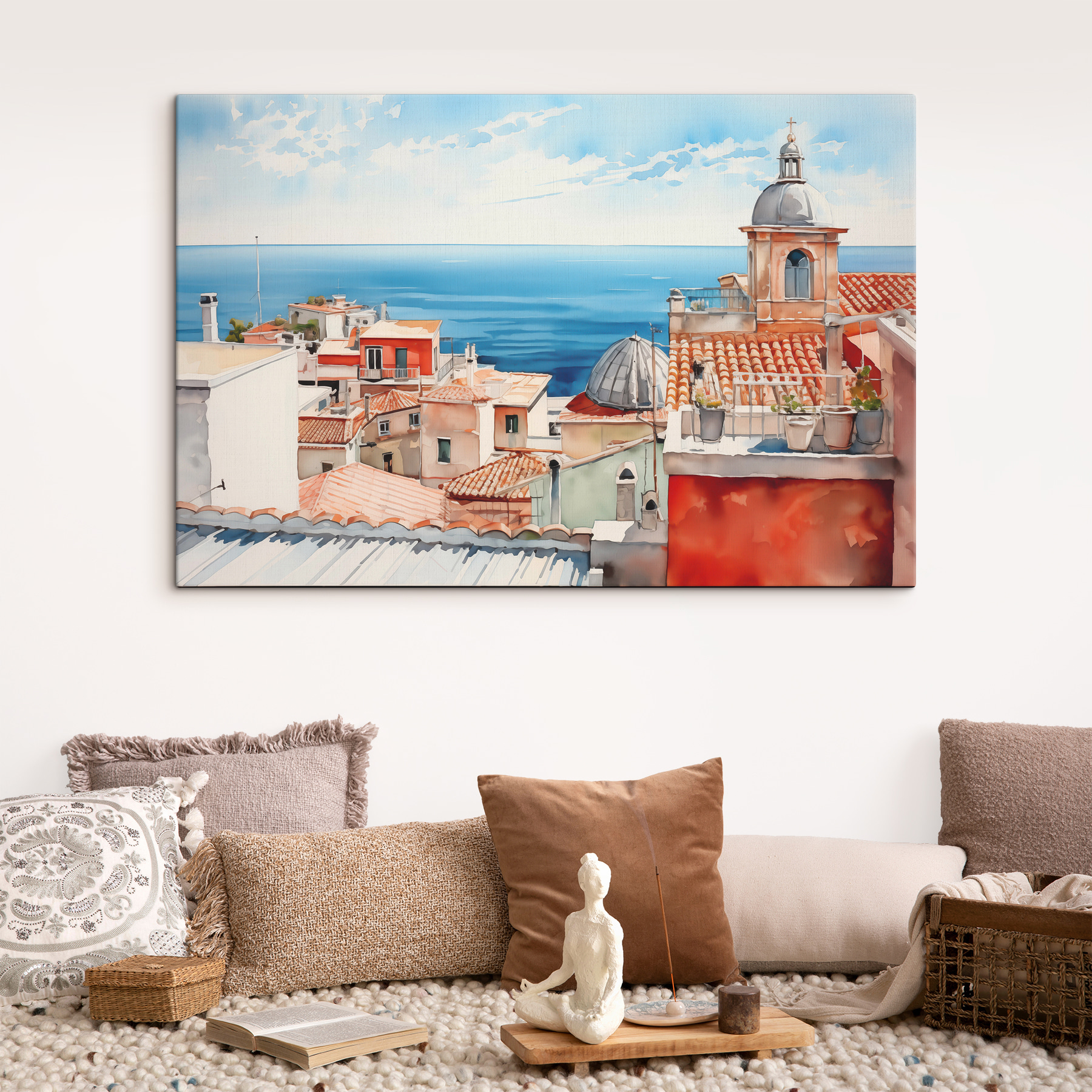 Watercolor of a city with a large body of water Watercolor of a city with a large body of water
