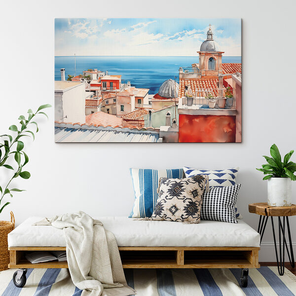 Watercolor of a city with a large body of water Watercolor of a city with a large body of water