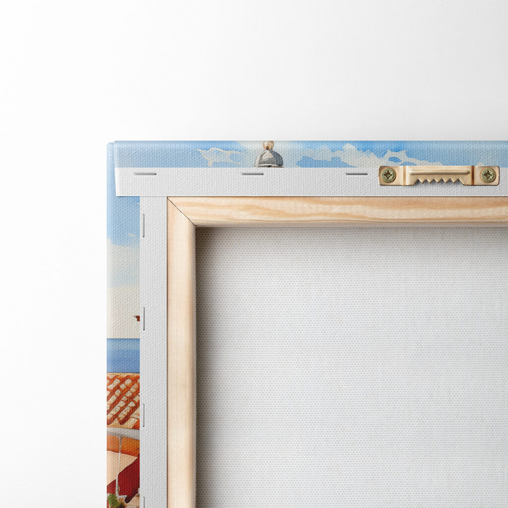 Watercolor of a city with a large body of water Watercolor of a city with a large body of water