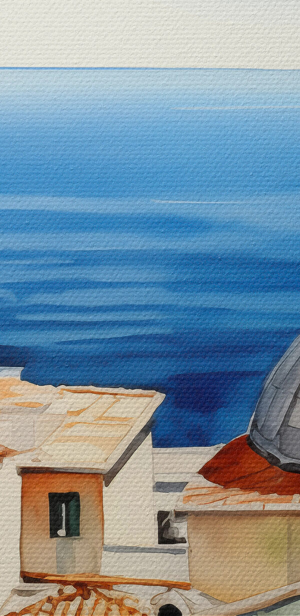 Watercolor of a city with a large body of water Watercolor of a city with a large body of water