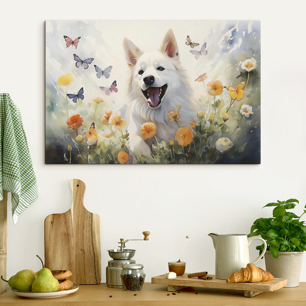 Cuadros Perro blanco con mariposas en un campo de flores