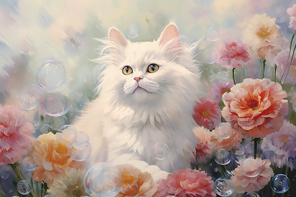 White cat surrounded by flowers and bubbles