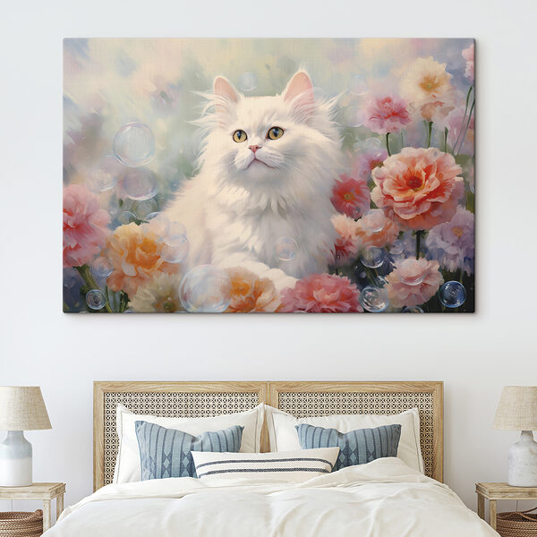 Cuadros Gato blanco rodeado de flores y pompas (SKU: s39937) Cuadros Cuadros Gato blanco rodeado de flores y pompas (SKU: s39937)