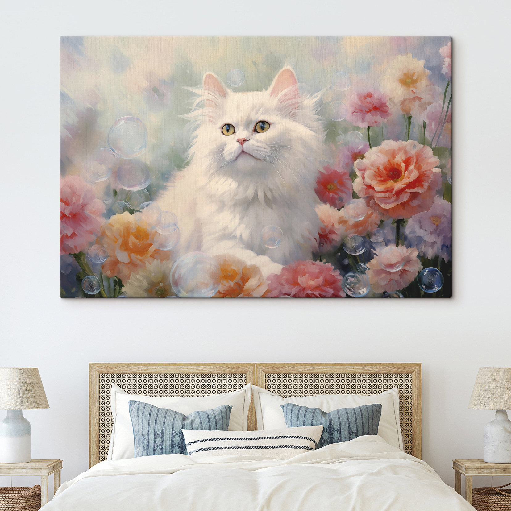 White cat surrounded by flowers and bubbles