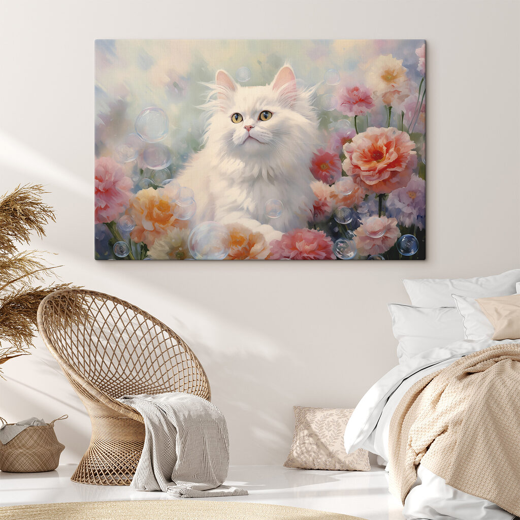 White cat surrounded by flowers and bubbles