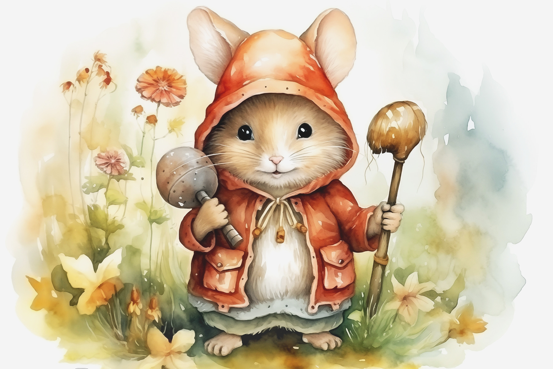 Mouse wearing a raincoat holding a stick