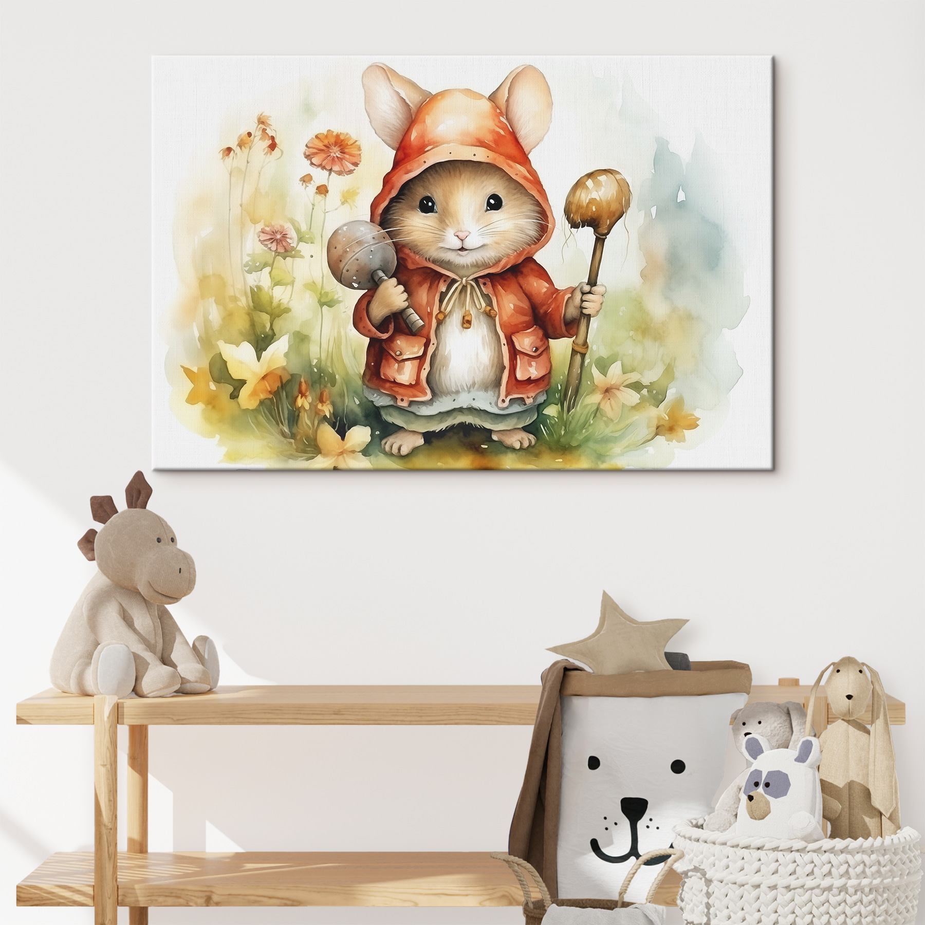 Mouse wearing a raincoat holding a stick