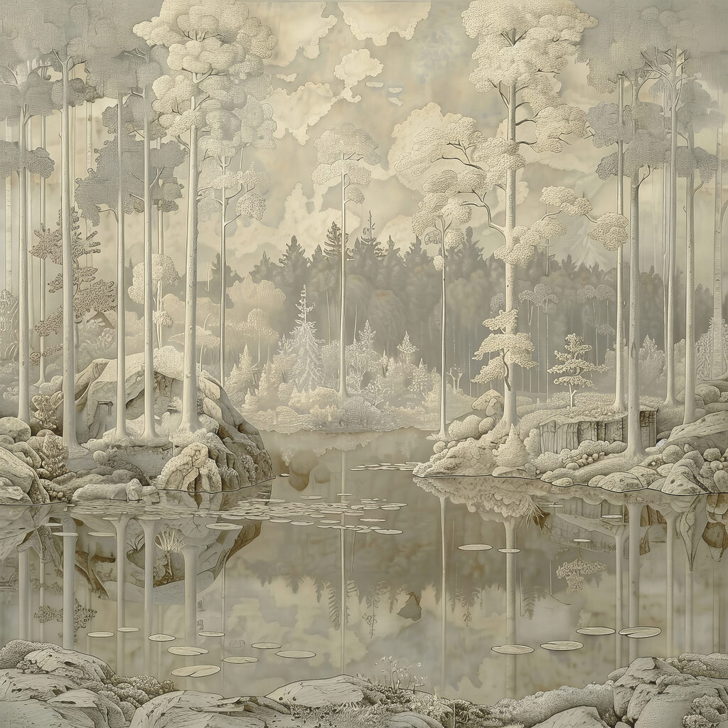 Painting of a forest and a lake Painting of a forest and a lake