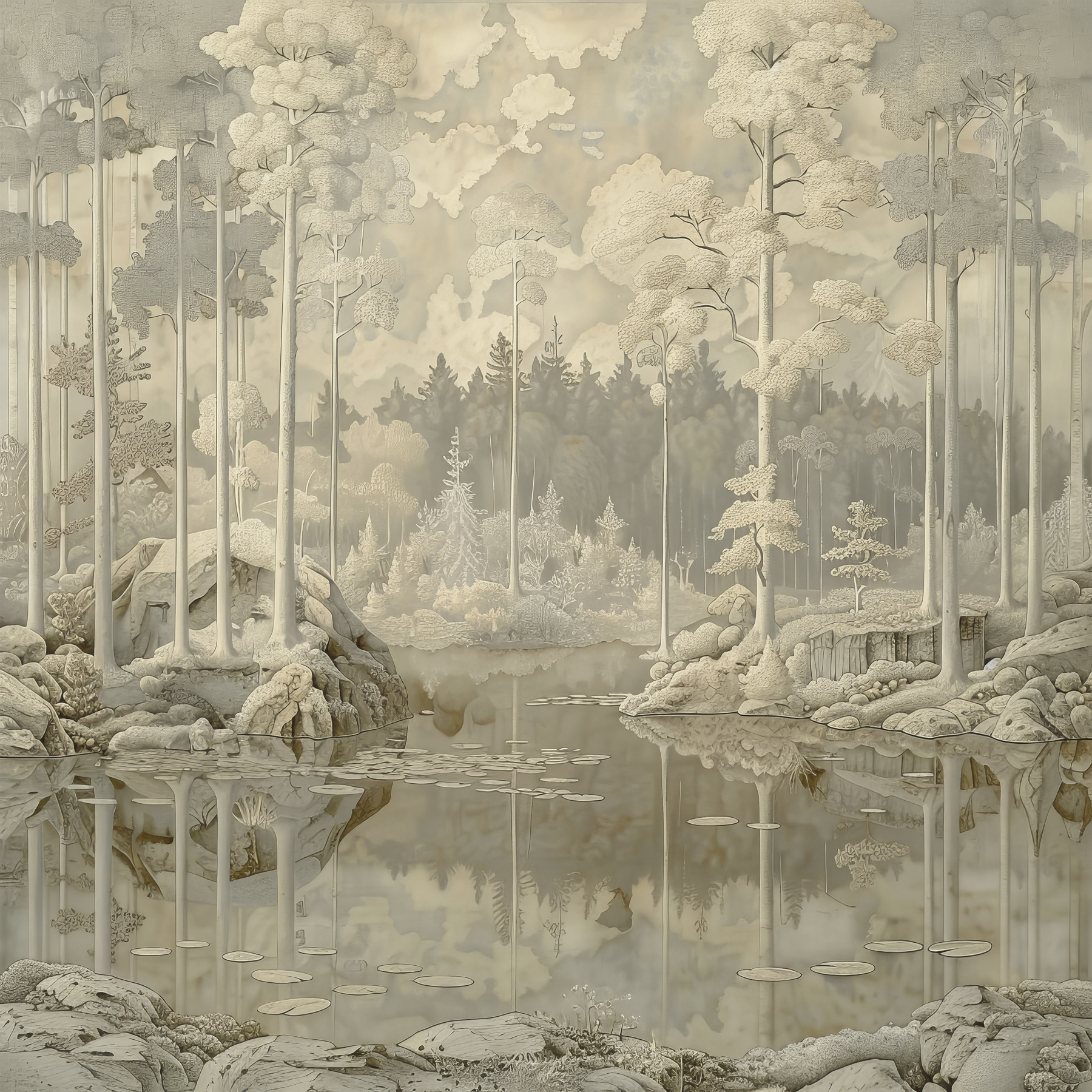 Painting of a forest and a lake Painting of a forest and a lake
