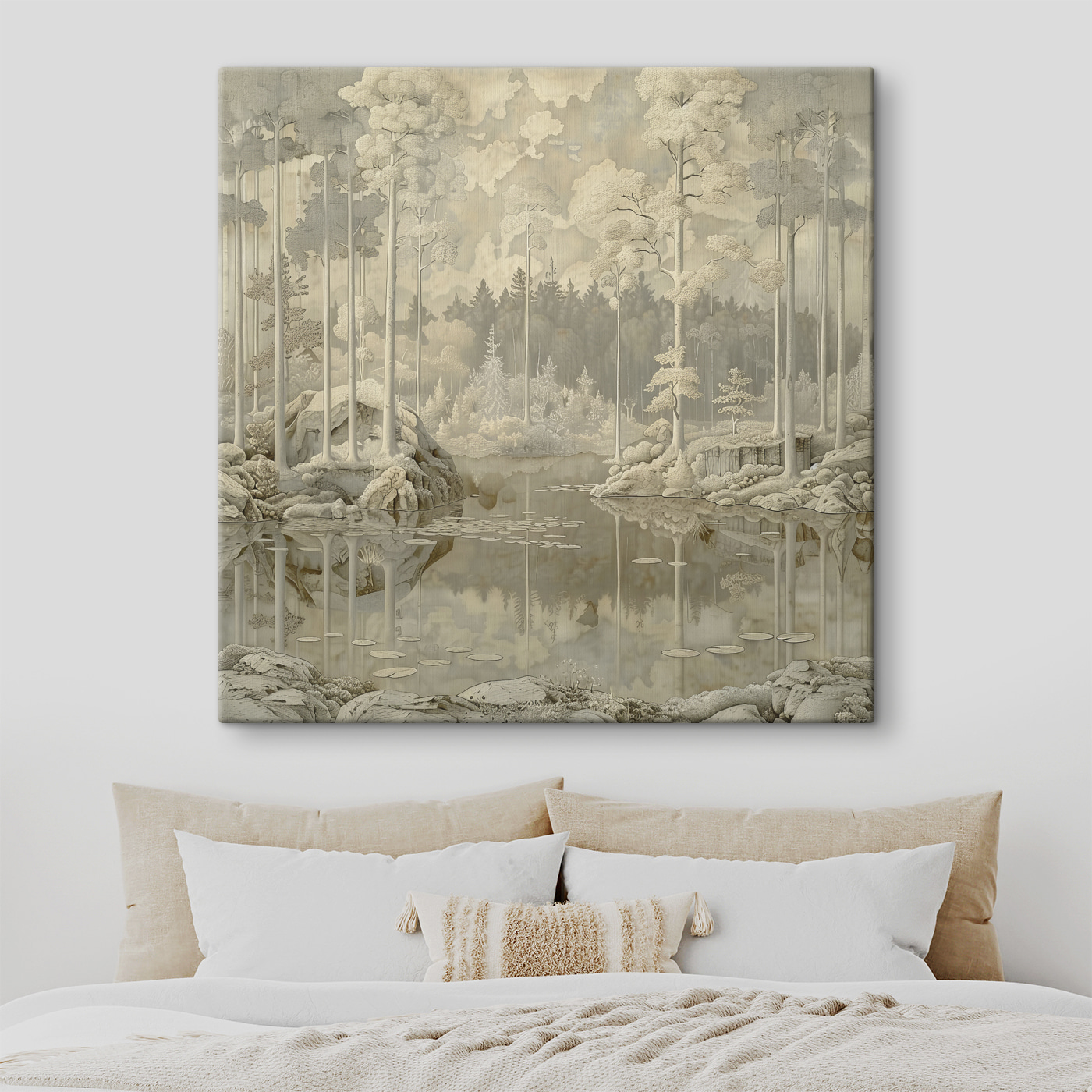 Painting of a forest and a lake Painting of a forest and a lake
