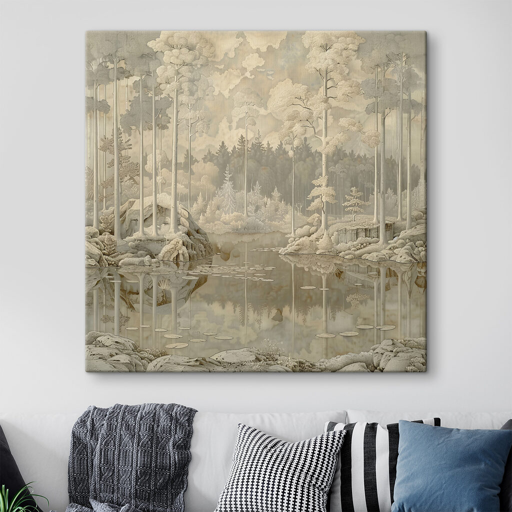 Painting of a forest and a lake Painting of a forest and a lake