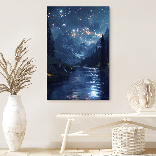 Cuadros Cuadros Un río con una montaña y estrellas en el cielo (SKU: s40010)