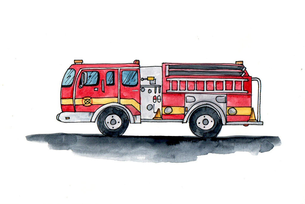 Watercolor drawing of a fire truck Watercolor drawing of a fire truck