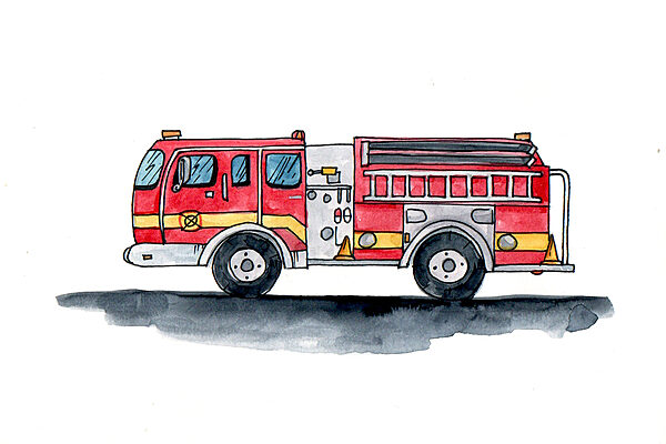 Watercolor drawing of a fire truck Watercolor drawing of a fire truck