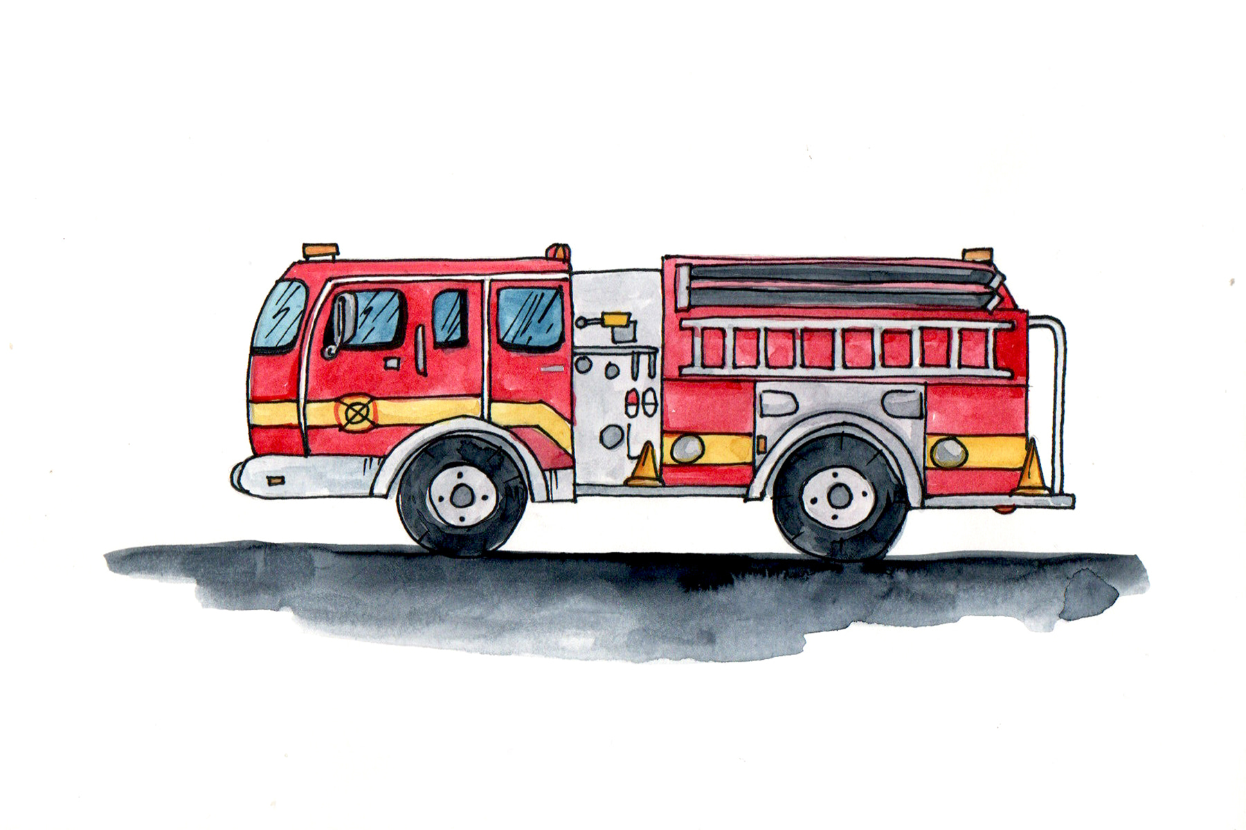 Watercolor drawing of a fire truck Watercolor drawing of a fire truck